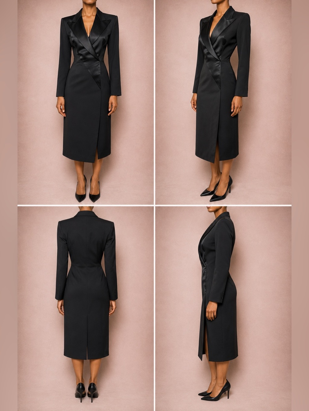 Richard Tyler Couture Black Satin-Trim Midi Blazer Dress